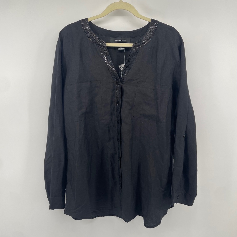Ashley Stewart Blouse Women 18W Black Sequin Trim Linen Blend Roll Tab Top NWOT